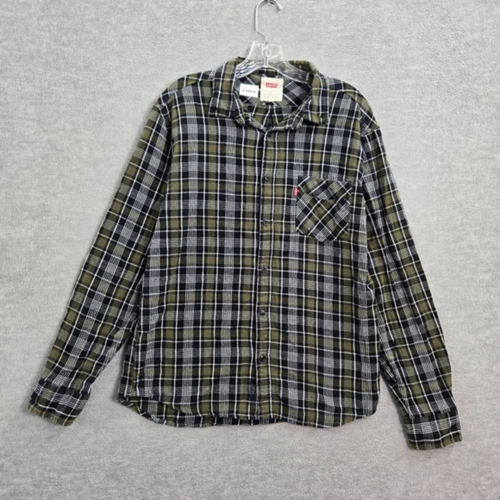Levi's Men Button Up Shirt Large Green Black Watch Plaid Flannel Cotton